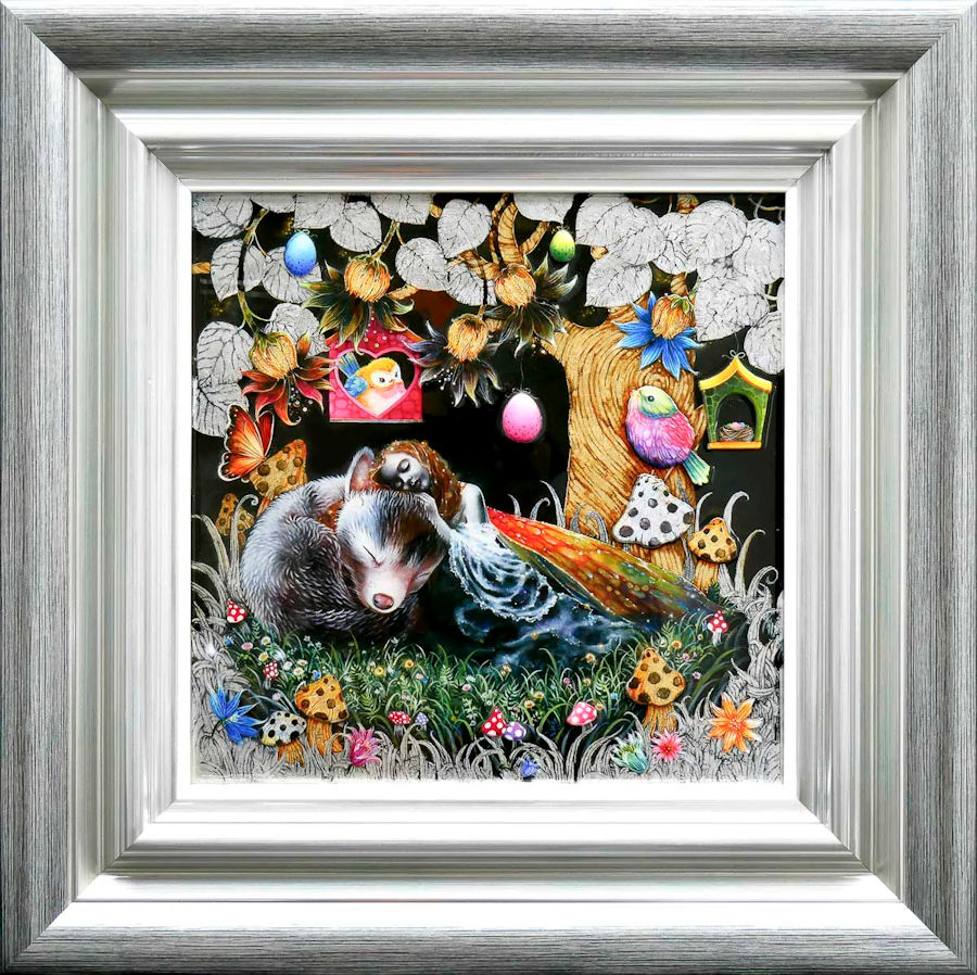 Little Fox and The Moth Fairy Framed Mixed Media Print by Artist Kerry Darlington