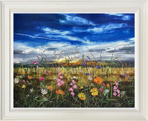 Sunrise Meadows Framed Canvas on Board by Artist Kimberley Harris